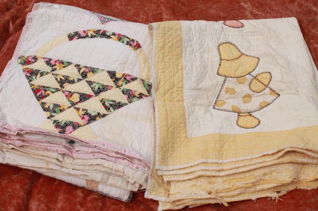 photo of vintage patchwork quilts, shabby cutter quilt lot upcycle fabric sunbonnet girl & flower basket #11