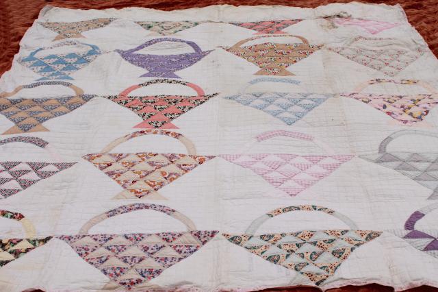 photo of vintage patchwork quilts, shabby cutter quilt lot upcycle fabric sunbonnet girl & flower basket #12