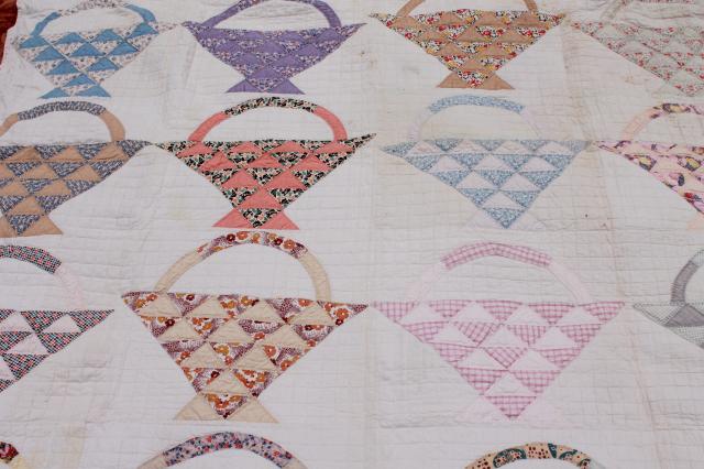 photo of vintage patchwork quilts, shabby cutter quilt lot upcycle fabric sunbonnet girl & flower basket #13