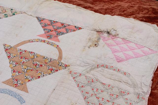 photo of vintage patchwork quilts, shabby cutter quilt lot upcycle fabric sunbonnet girl & flower basket #14