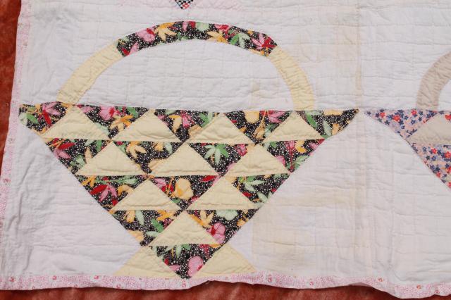 photo of vintage patchwork quilts, shabby cutter quilt lot upcycle fabric sunbonnet girl & flower basket #15