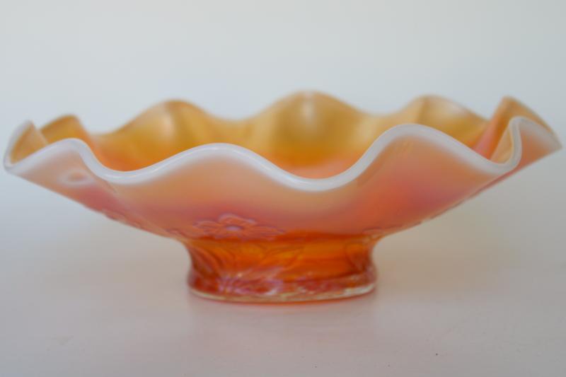 photo of vintage peach opalescent carnival glass bowl, daisy flowers pattern w/ crimped border #1