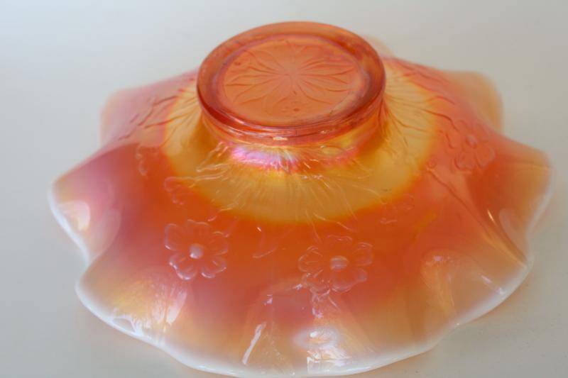 photo of vintage peach opalescent carnival glass bowl, daisy flowers pattern w/ crimped border #4