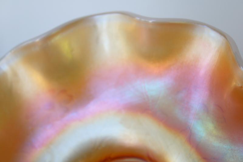 photo of vintage peach opalescent carnival glass bowl, daisy flowers pattern w/ crimped border #6