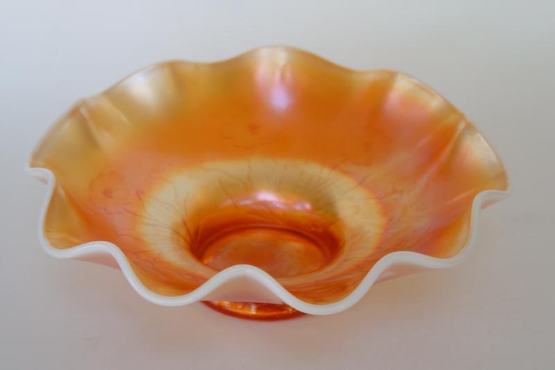 photo of vintage peach opalescent carnival glass bowl, daisy flowers pattern w/ crimped border #7