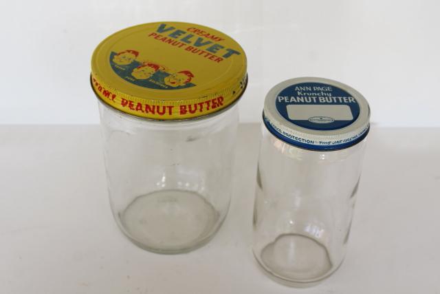 photo of vintage peanut butter containers, glass jars w/ metal lids Velvet, Ann Page brand #1