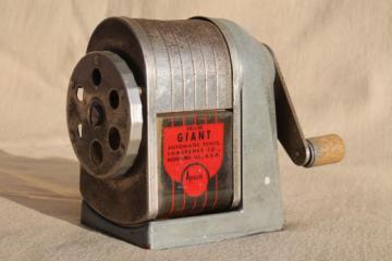 catalog photo of vintage pencil sharpener, metal hand crank Deluxe Giant Apsco sharpener