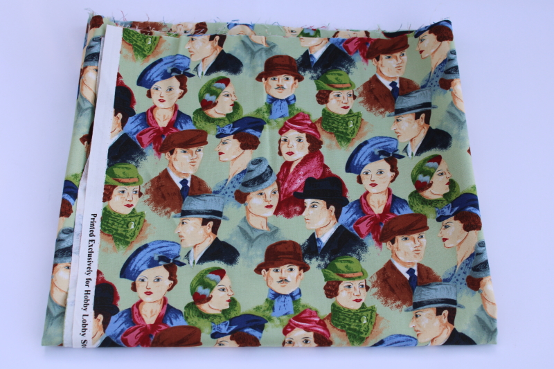 photo of vintage people ladies & men in hats Hobby Lobby print cotton quilt or craft fabric  #1