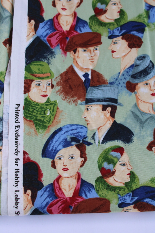 photo of vintage people ladies & men in hats Hobby Lobby print cotton quilt or craft fabric  #2