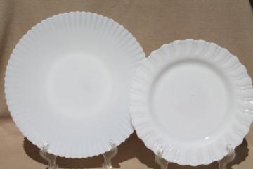 catalog photo of vintage petalware depression glass plates, translucent opalescent milk glass