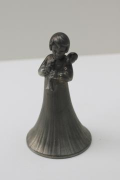 catalog photo of vintage pewter bell stamped made in England, Christmas angel w/ horn