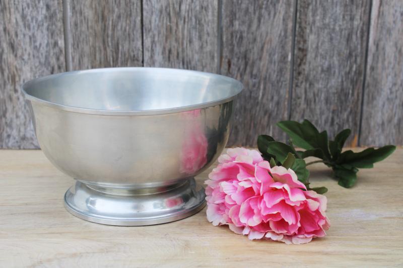 photo of vintage pewter bowl w/ silvery patina, large Revere style bowl antique reproduction #1