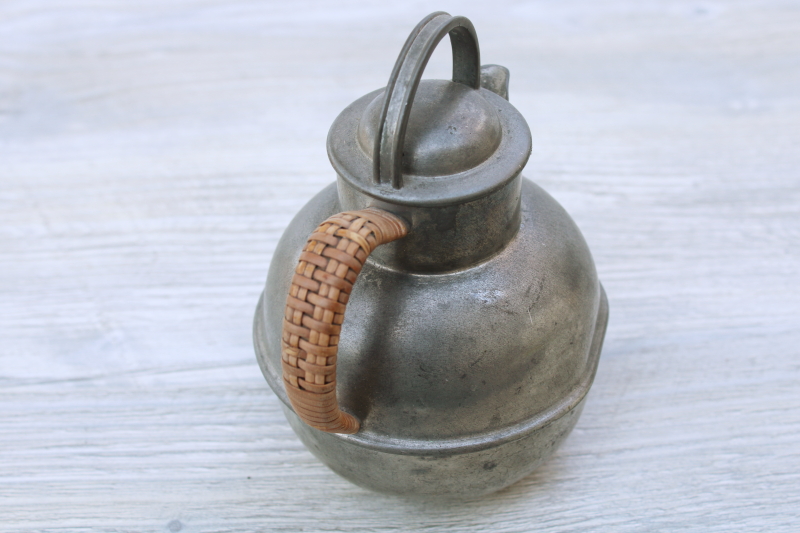 photo of vintage pewter coffee pot w/ wicker handle, tarnished patina rustic modern neutral decor #2