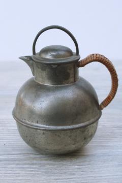 catalog photo of vintage pewter coffee pot w/ wicker handle, tarnished patina rustic modern neutral decor