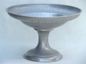 catalog photo of vintage pewter compote bowl, weathered dull silver metal centerpiece