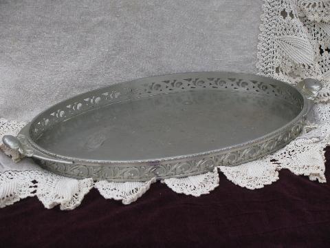 photo of vintage pewter serving or hall tray w/ handles, ornate gallery rim #1