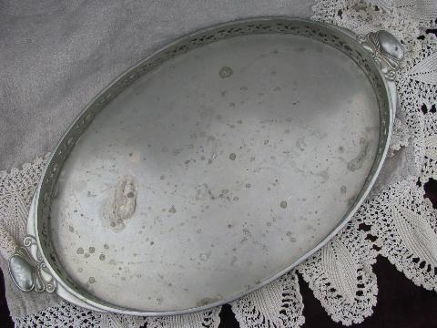 photo of vintage pewter serving or hall tray w/ handles, ornate gallery rim #2