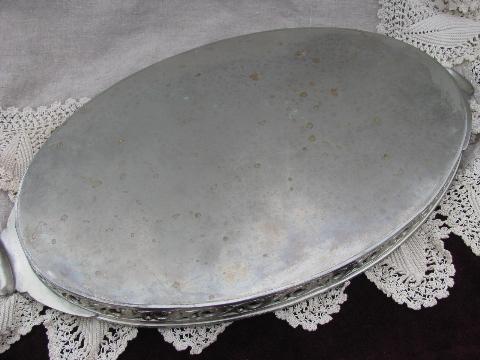 photo of vintage pewter serving or hall tray w/ handles, ornate gallery rim #4