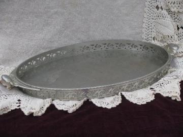 catalog photo of vintage pewter serving or hall tray w/ handles, ornate gallery rim