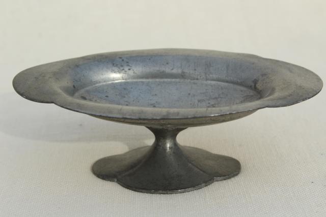 photo of vintage pewter soapdish or tiny oval comport, zinc metal pedestal stand dish #1