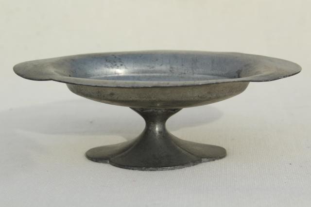 photo of vintage pewter soapdish or tiny oval comport, zinc metal pedestal stand dish #2