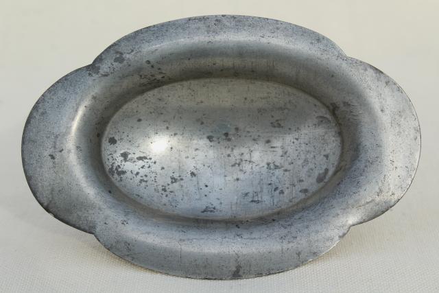 photo of vintage pewter soapdish or tiny oval comport, zinc metal pedestal stand dish #3