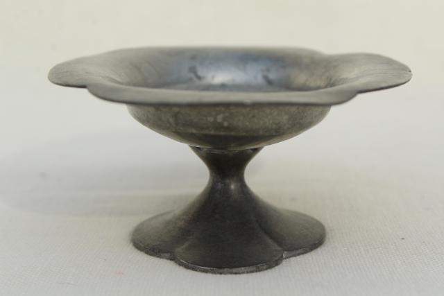 photo of vintage pewter soapdish or tiny oval comport, zinc metal pedestal stand dish #6