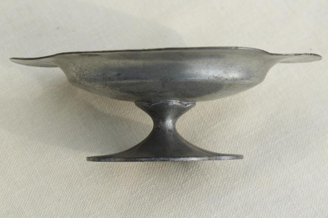 photo of vintage pewter soapdish or tiny oval comport, zinc metal pedestal stand dish #7