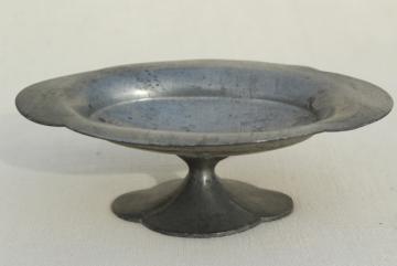 catalog photo of vintage pewter soapdish or tiny oval comport, zinc metal pedestal stand dish