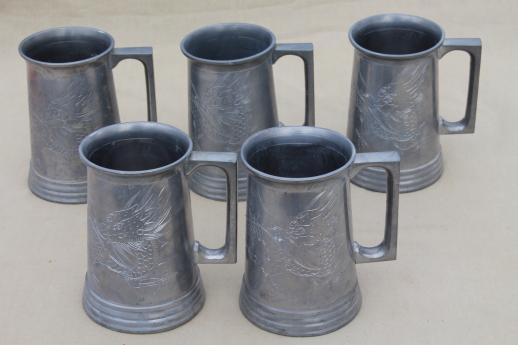 photo of vintage pewter steins with Chinese dragons, glass bottom mugs from Swatow China #1