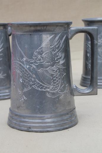 photo of vintage pewter steins with Chinese dragons, glass bottom mugs from Swatow China #2