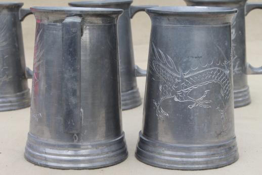 photo of vintage pewter steins with Chinese dragons, glass bottom mugs from Swatow China #3