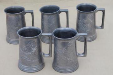 catalog photo of vintage pewter steins with Chinese dragons, glass bottom mugs from Swatow China