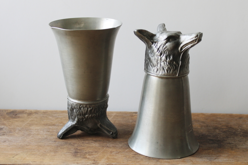 photo of vintage pewter stirrup cups with fox head shape, engraved hunt trophies, trophy cups #1