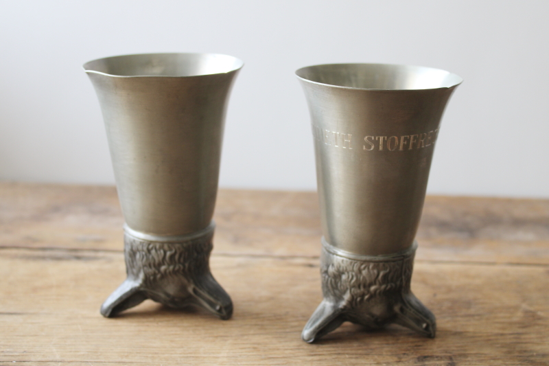 photo of vintage pewter stirrup cups with fox head shape, engraved hunt trophies, trophy cups  #2