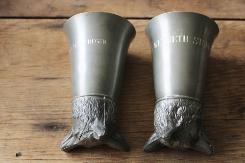 photo of vintage pewter stirrup cups with fox head shape, engraved hunt trophies, trophy cups  #3