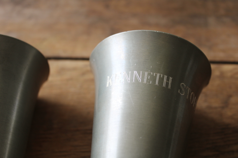 photo of vintage pewter stirrup cups with fox head shape, engraved hunt trophies, trophy cups  #5