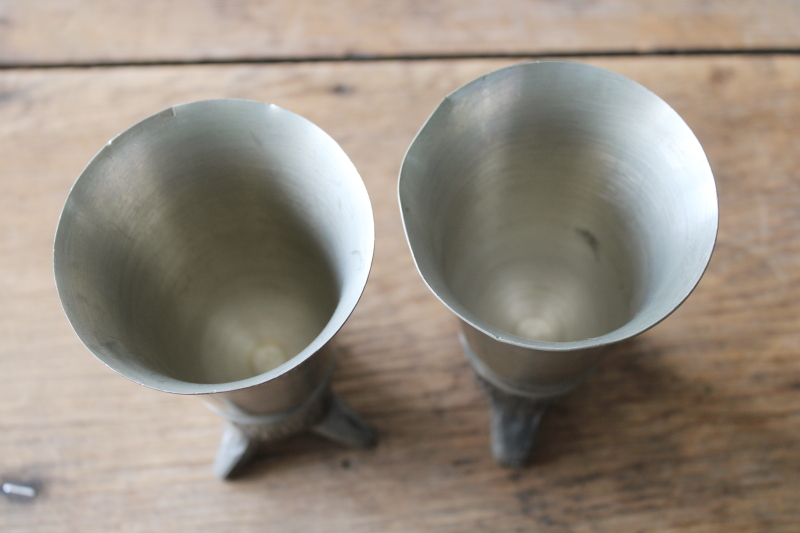 photo of vintage pewter stirrup cups with fox head shape, engraved hunt trophies, trophy cups  #7