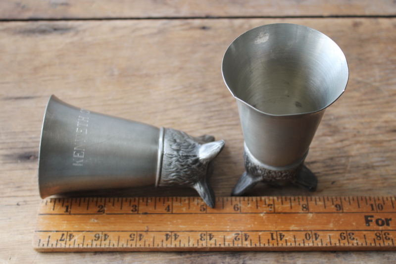 photo of vintage pewter stirrup cups with fox head shape, engraved hunt trophies, trophy cups  #8