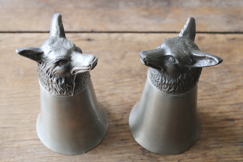 photo of vintage pewter stirrup cups with fox head shape, engraved hunt trophies, trophy cups  #9