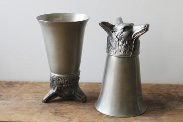 catalog photo of vintage pewter stirrup cups with fox head shape, engraved hunt trophies, trophy cups 