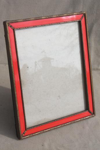 photo of vintage photo / picture frame, red enamel & antique gold wood frame w/ easel back stand #1