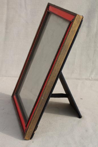 photo of vintage photo / picture frame, red enamel & antique gold wood frame w/ easel back stand #3