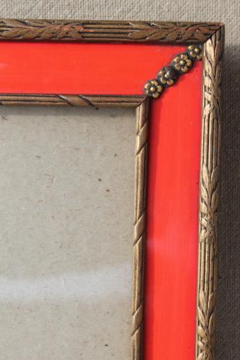 photo of vintage photo / picture frame, red enamel & antique gold wood frame w/ easel back stand #4