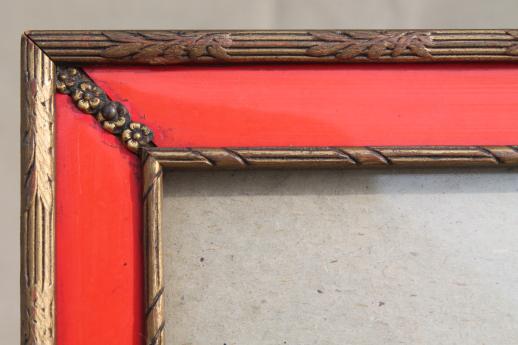 photo of vintage photo / picture frame, red enamel & antique gold wood frame w/ easel back stand #6
