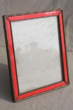 catalog photo of vintage photo / picture frame, red enamel & antique gold wood frame w/ easel back stand