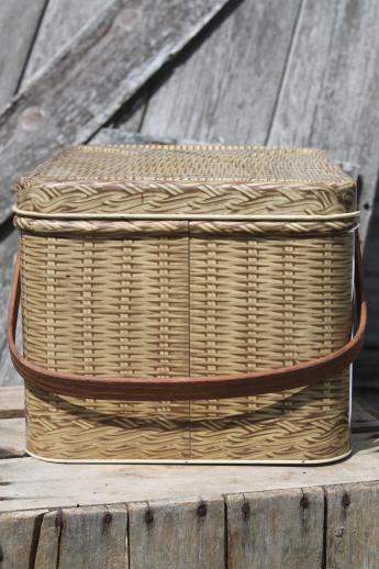 photo of vintage picnic basket tin, Decoware wicker print metal picnic hamper w/ wood handles #7