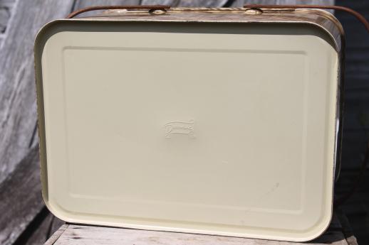 photo of vintage picnic basket tin, Decoware wicker print metal picnic hamper w/ wood handles #11