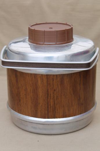 photo of vintage picnic jug Poloron insulated cooler, retro wood grain one gallon thermos #3