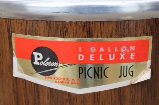 photo of vintage picnic jug Poloron insulated cooler, retro wood grain one gallon thermos #7